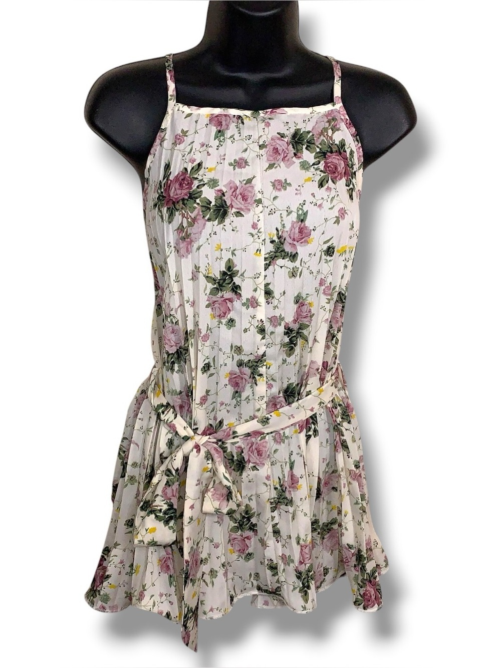 Ivory White Pink Rose Floral Pleated Tunic Blouse Square Neckline Size 6